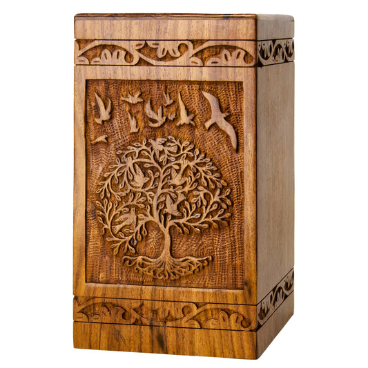 INTAJ Tree of Life Wooden Urn for Human Ashes 115lbs Capacity Suitable for Burial for Men Women Mom Dad - Mini Rosewood Keepsake Cremation Urn for Ashes Handcrafted - Wooden Carved Box